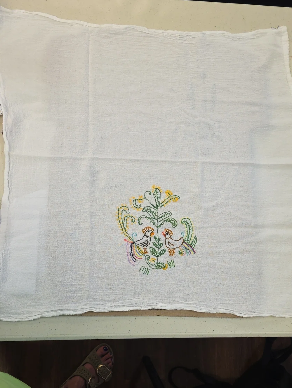 Embroidered White Cotton Kitchen Towel with Bird Motif